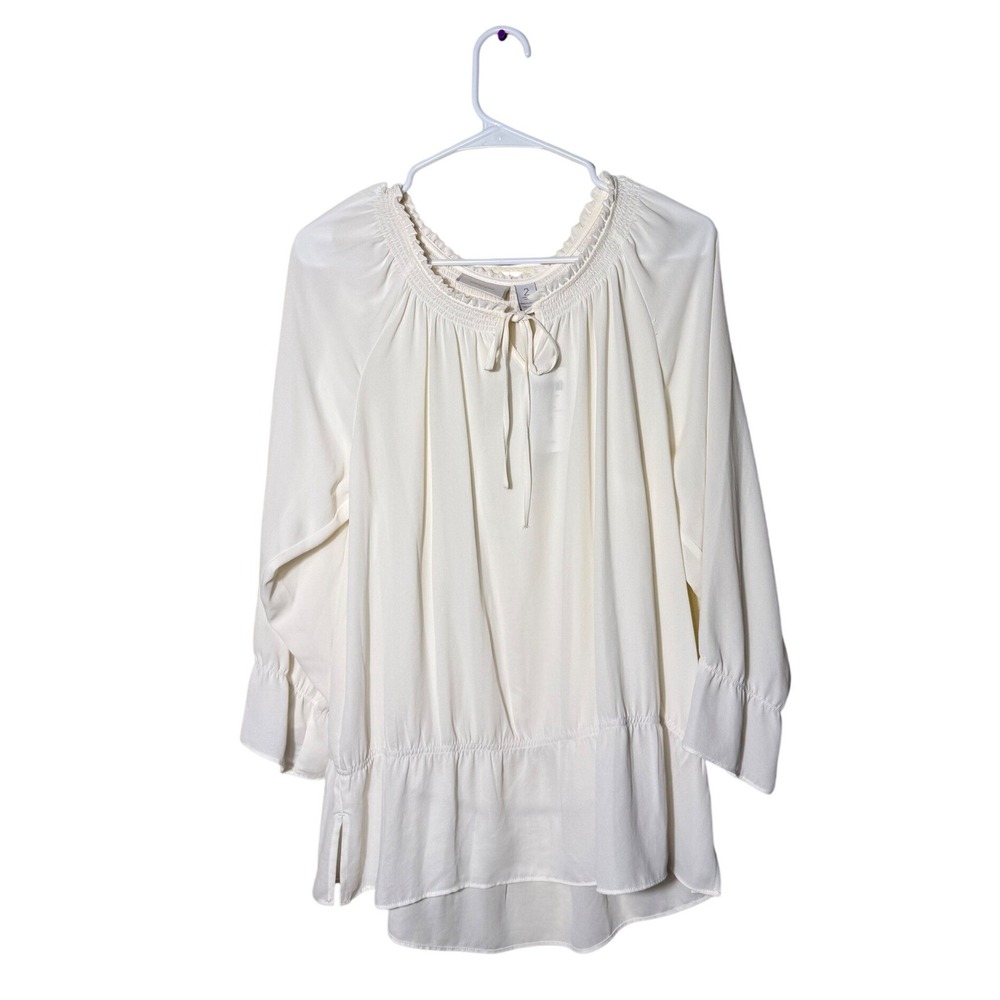 NWT Chicos Pleasant Peasant‎ Top Ecru Off White Smocked Tie Neck Blouse Size 2